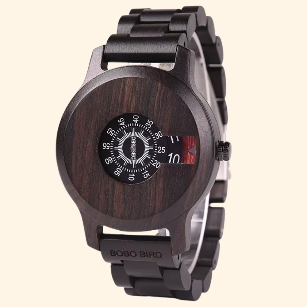 Mystère - Montre En Bois Homme Ébène Affichage À Disques Rotatifs Sans Aiguilles