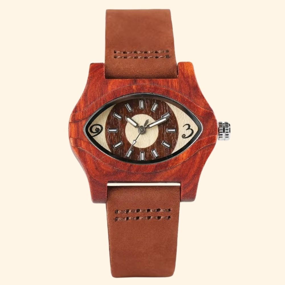 Nazar - Montre En Bois Mixte Boîtier Œil Bois Rouge Et Bracelet Cuir