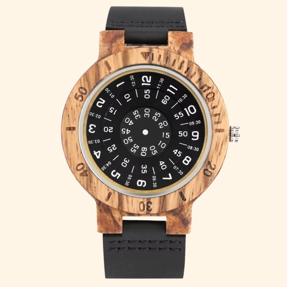 Nébula - Montre En Bois Homme Originale Cadran À Disques Et Bracelet Cuir Noir