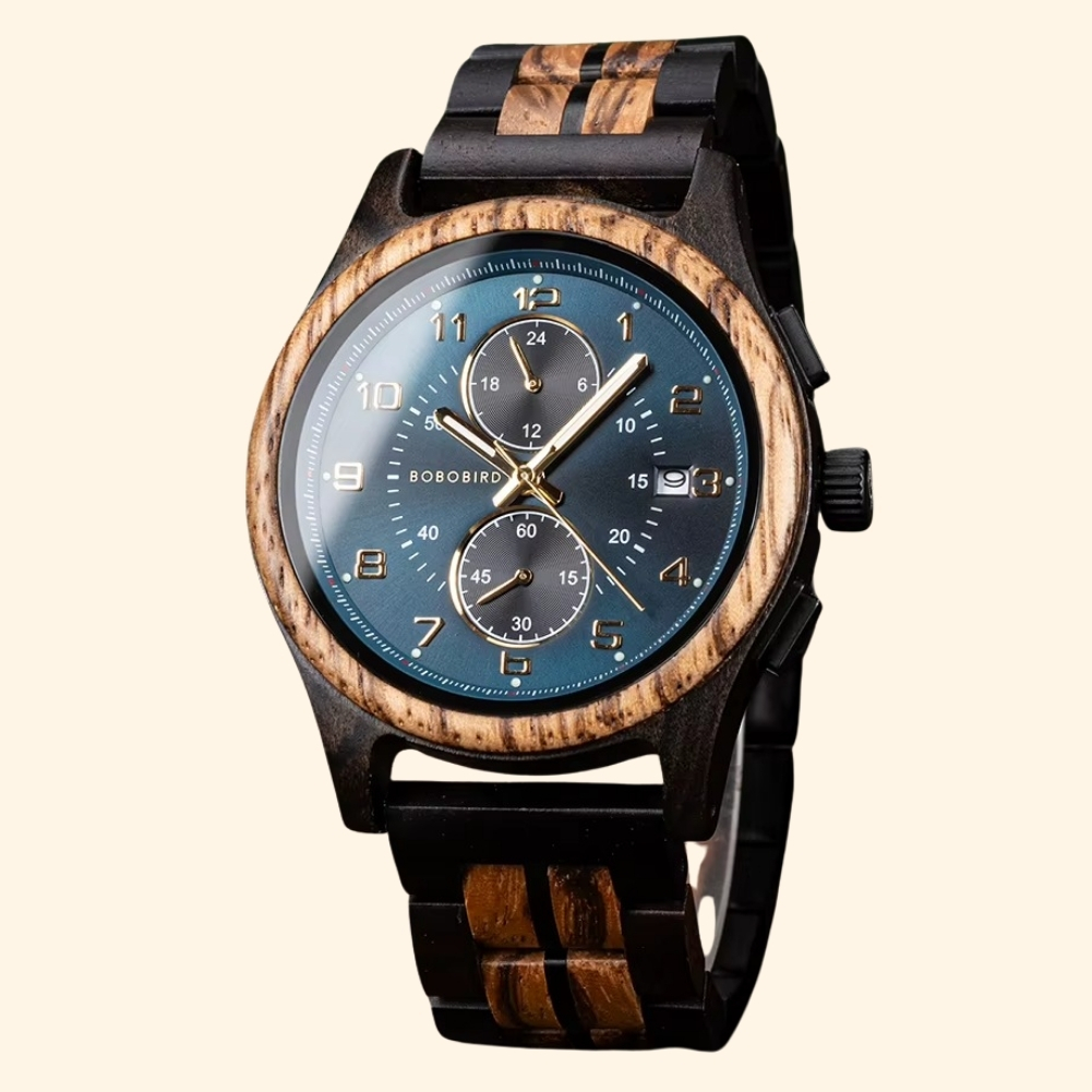Neptune - Montre En Bois Bicolore Chronographe Cadran Bleu Nuit Chiffres Romains