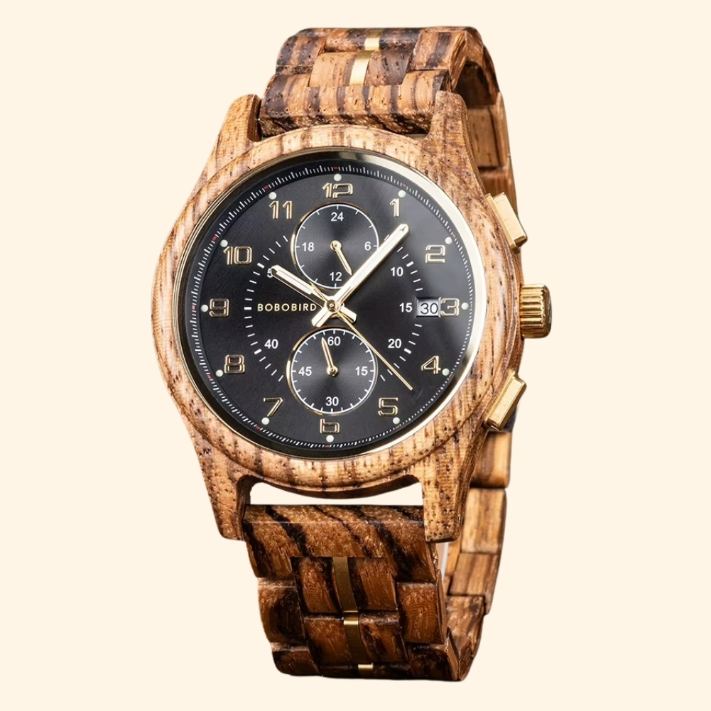 Obsidienne - Montre En Bois Zébrano Chronographe Cadran Noir Et Or