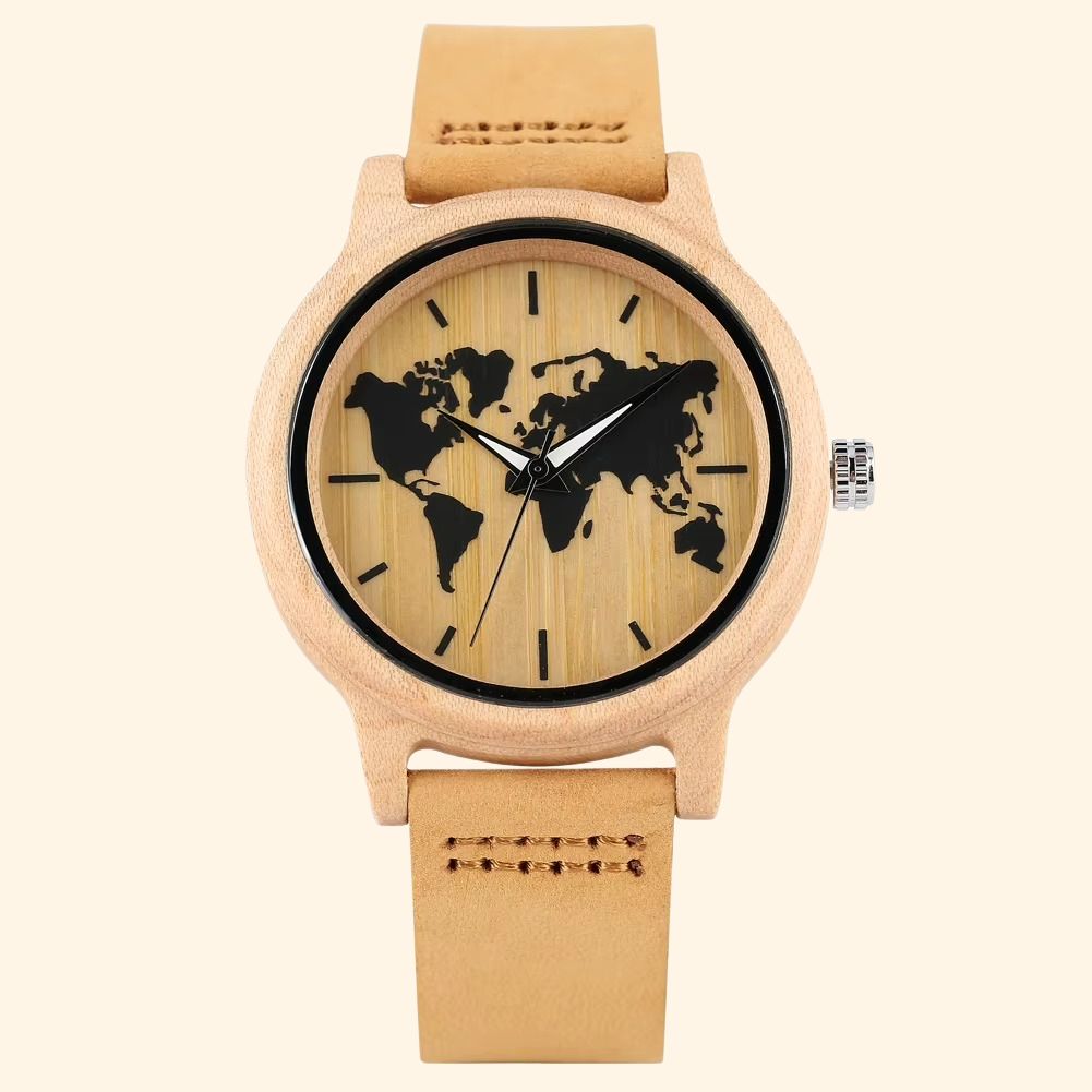 Odyssée - Montre En Bois D'Érable Femme Cadran Carte Du Monde Et Cuir Camel