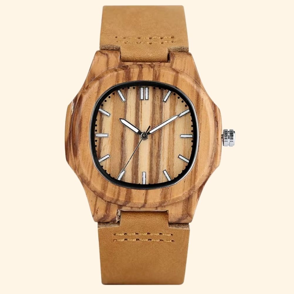 Palerme - Montre En Bois Octogonale Cadran Épuré Et Bracelet Cuir