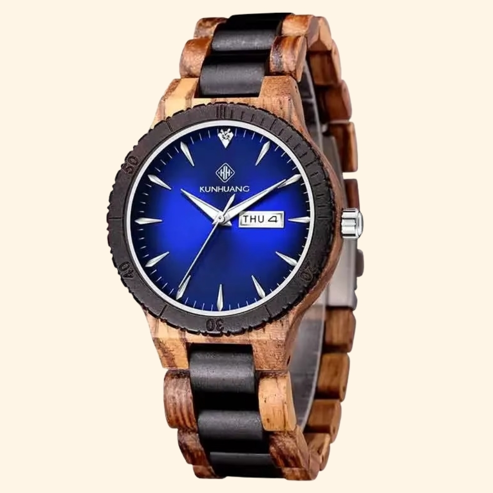 Poséidon - Montre En Bois Homme Bicolore Cadran Bleu Jour Date Lunette Crantée