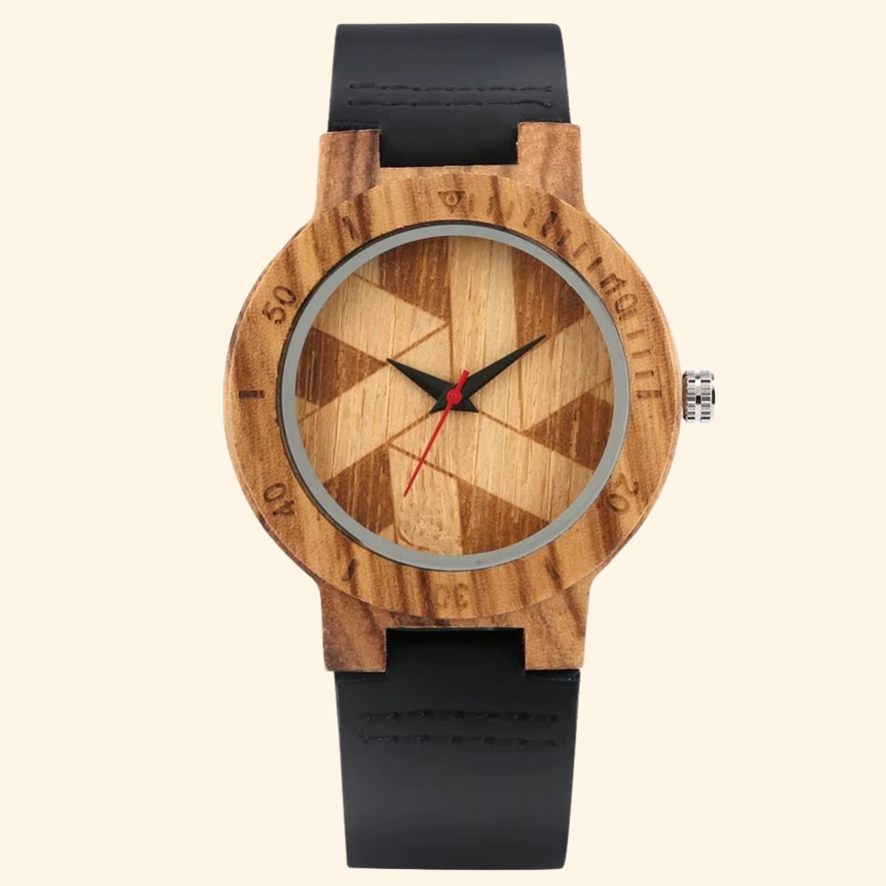 Prisma - Montre En Bois Femme Cadran Mosaïque Géométrique Et Bracelet Cuir Noir