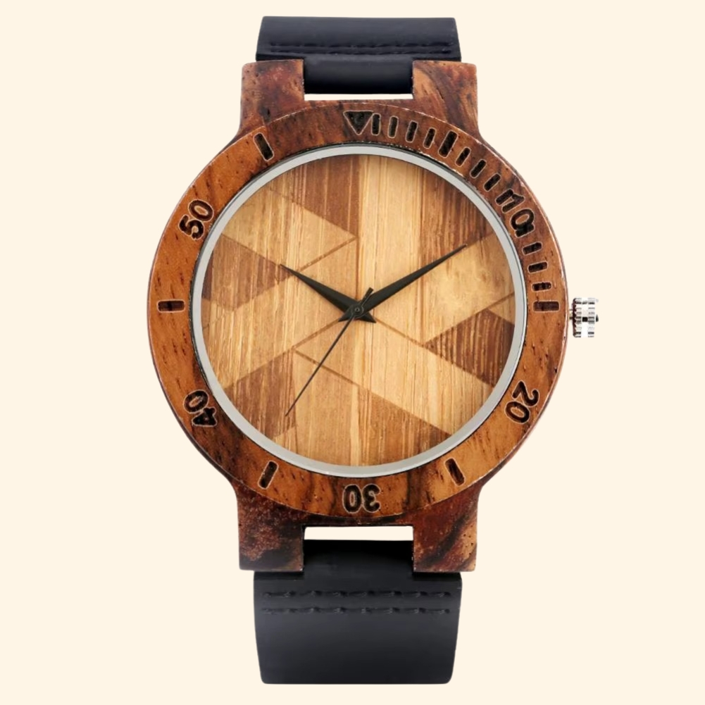 Prisme - Montre En Bois Homme Cadran Mosaïque Géométrique Et Bracelet Cuir Noir