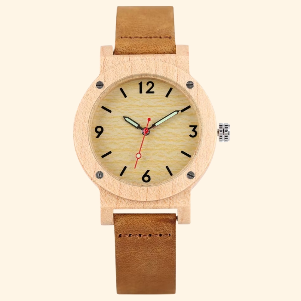 Québec - Montre En Bois Femme Érable Cadran Chiffres Arabes Et Bracelet Cuir Marron