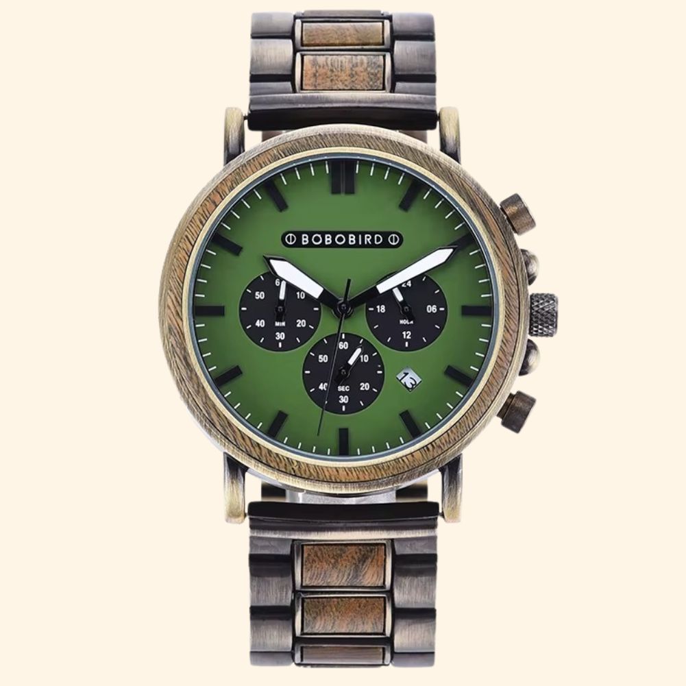 Ranger - Montre En Bois Et Acier Bronze Cadran Vert Chronographe Militaire