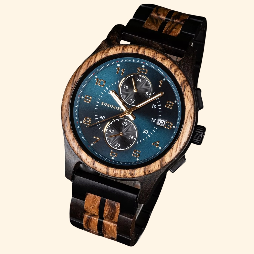 Santorin - Montre En Bois Chronographe Cadran Bleu Et Ébène