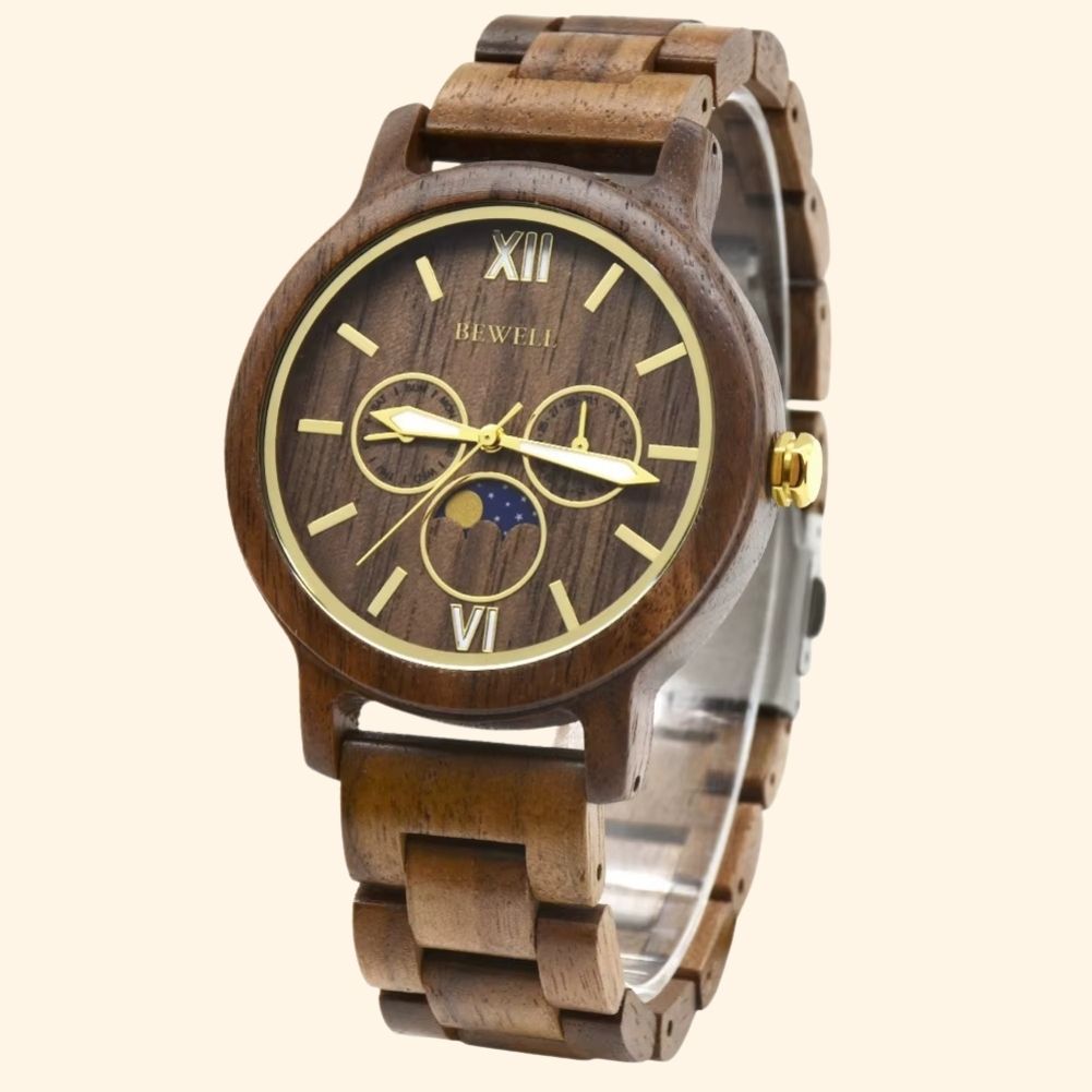 Séléné - Montre En Bois Homme Ébène Phase De Lune Chiffres Romains