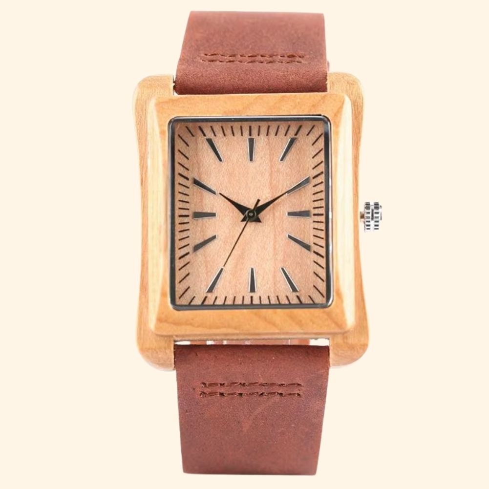 Stockholm - Montre En Bois Mixte Rectangulaire Bambou Clair Et Bracelet Cuir Marron