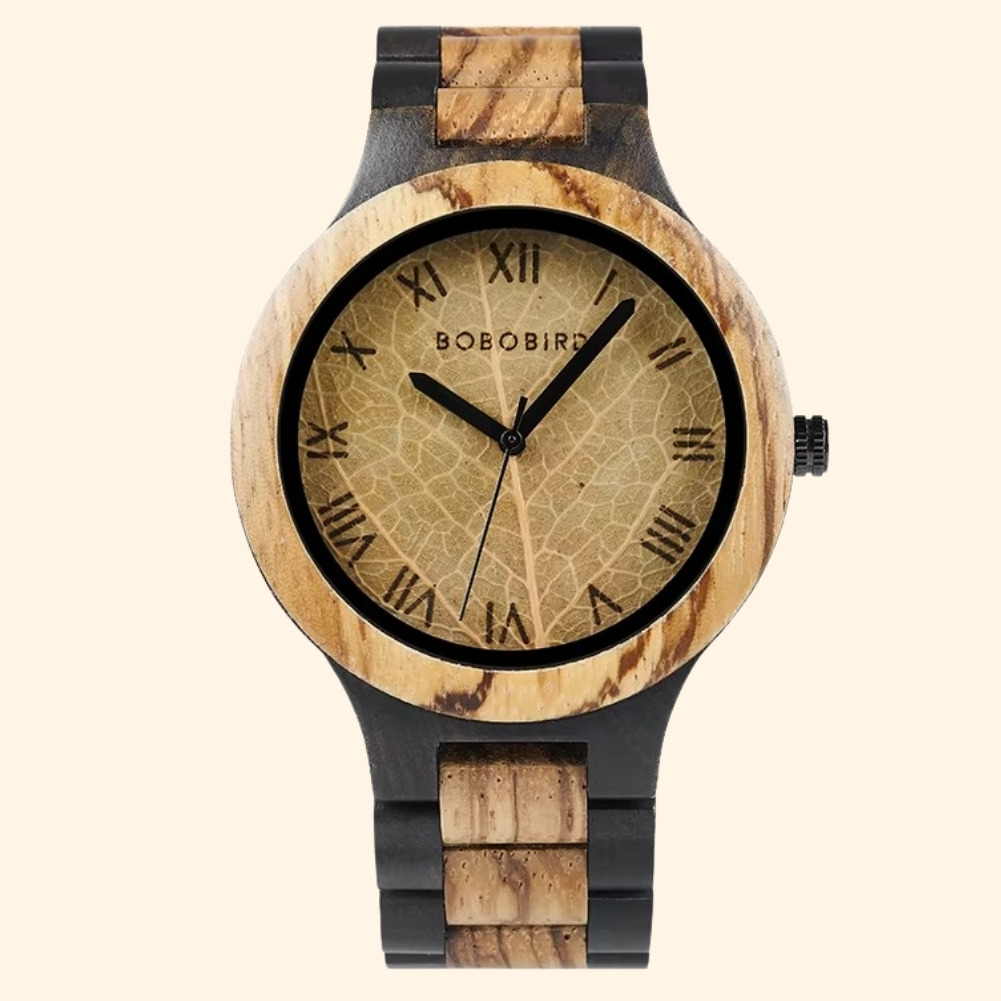Sylva - Montre En Bois Originale Cadran Feuille Et Chiffres Romains