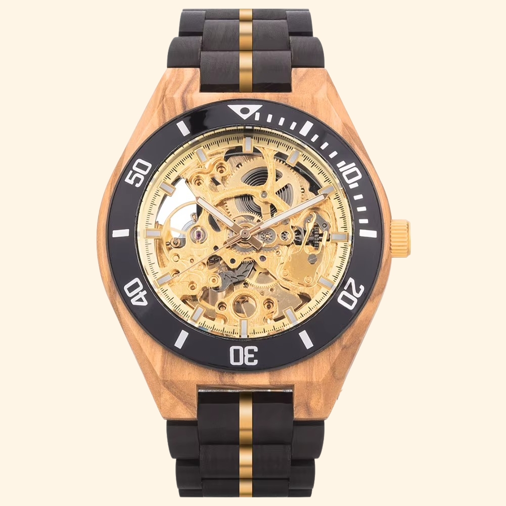Tanger - Montre En Bois Mécanique Homme Cadran Squelette Et Lunette Rotative