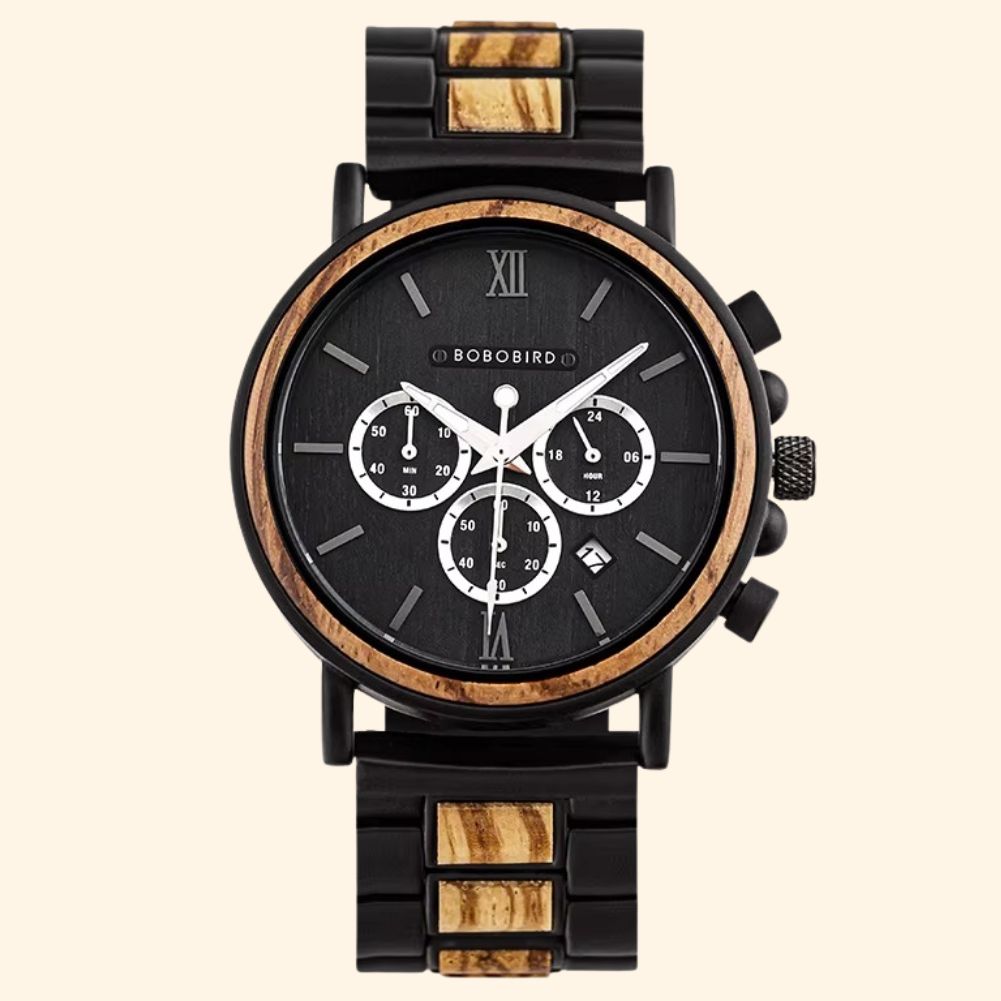 Titan - Montre En Bois Et Acier Homme Noir Zébrano Chronographe Chiffres Romains
