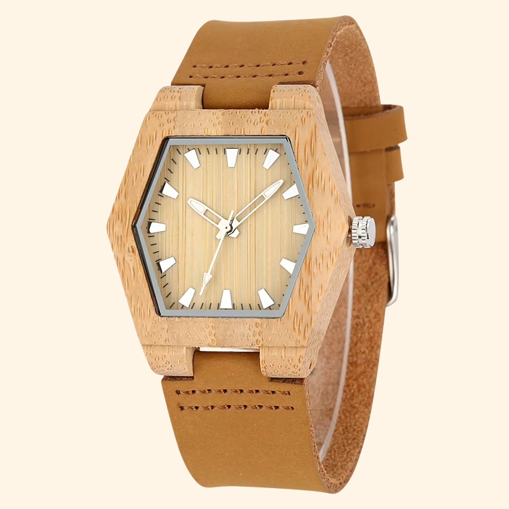 Ubud - Montre En Bois Femme Hexagonale Et Bracelet Cuir