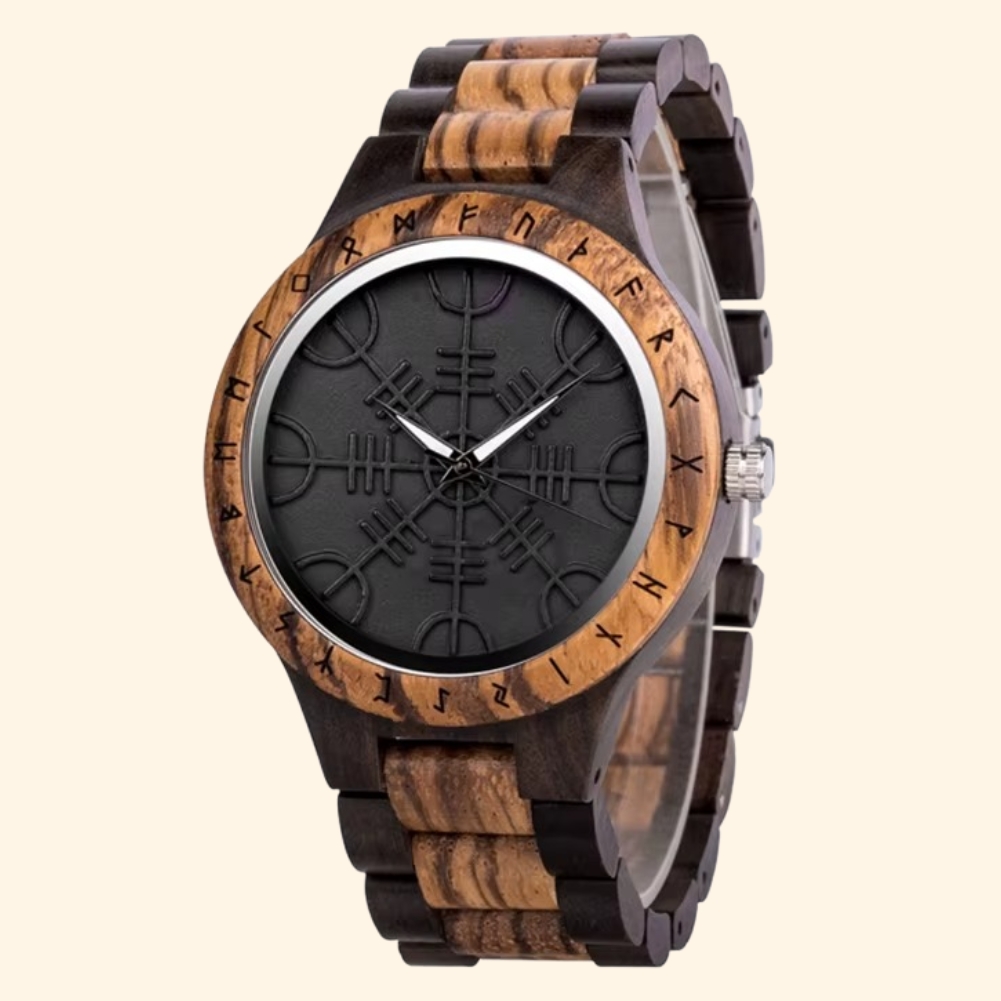 Vegvisir - Montre En Bois Viking Homme Ébène Et Compas Runique