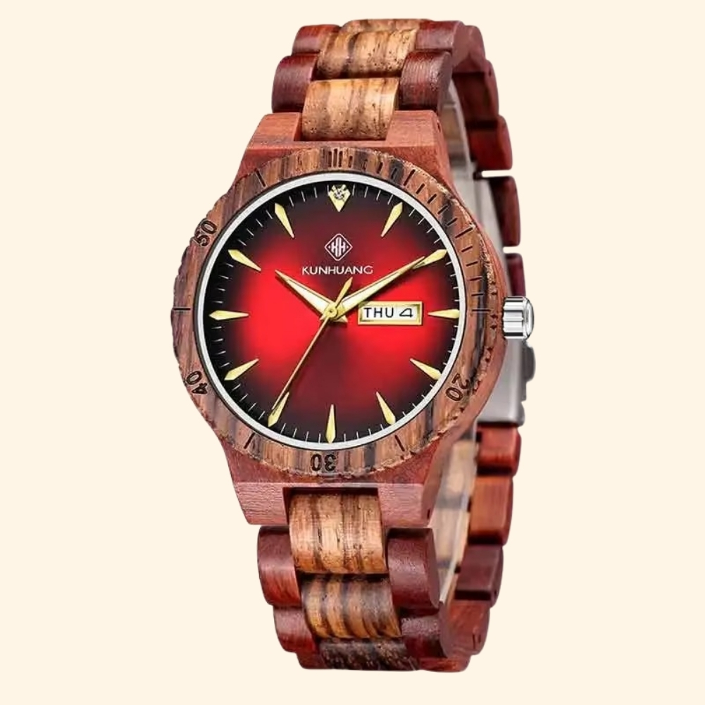 Vulcain - Montre En Bois Bicolore Cadran Rouge Jour Date Lunette Crantée