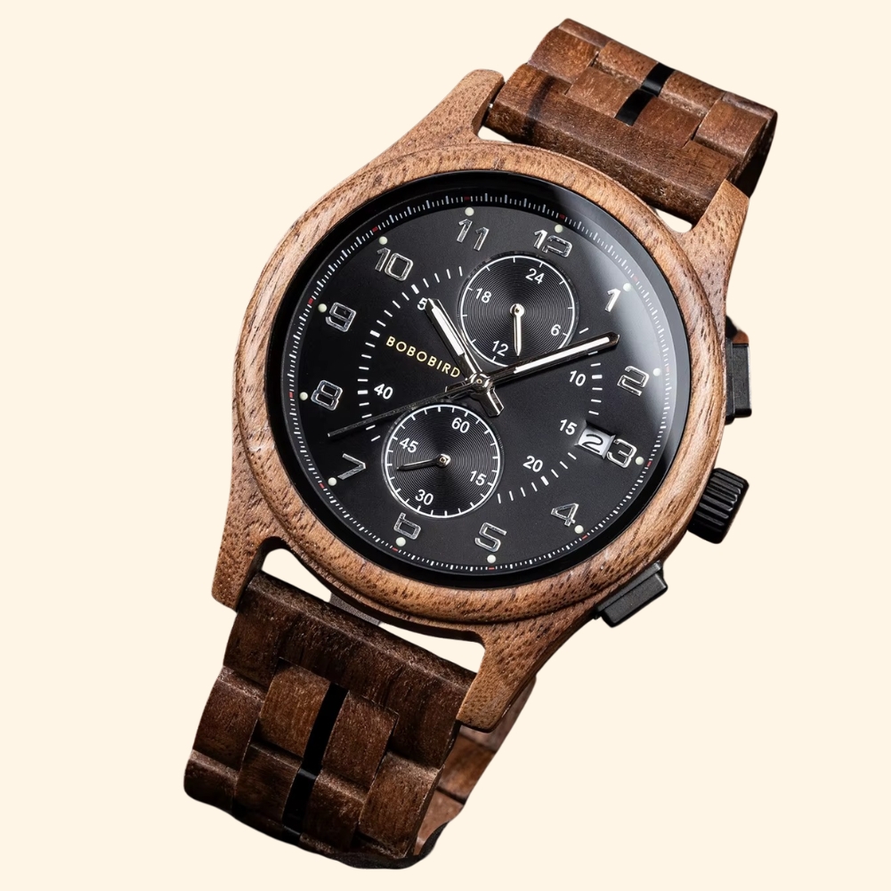Yukon - Montre En Bois Pour Homme Chronographe Cadran Noir Et Noyer