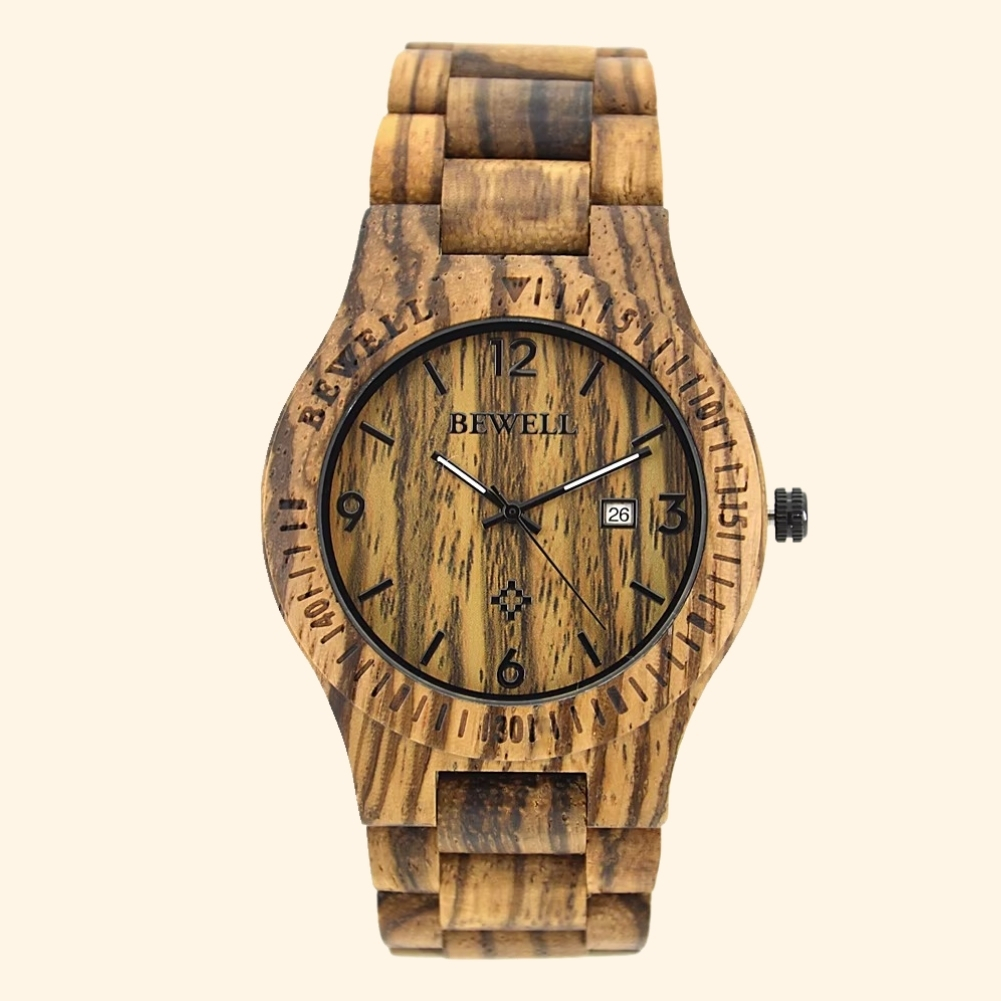 Zanzibar - Montre En Bois Zébrano Cadran Gravé Et Guichet Date