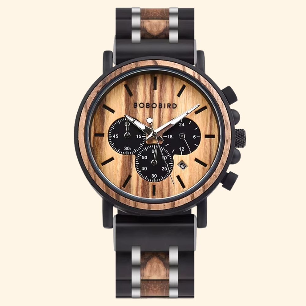 Zurich - Montre En Bois Et Acier Homme Chronographe Ébène Triple Compteur Date